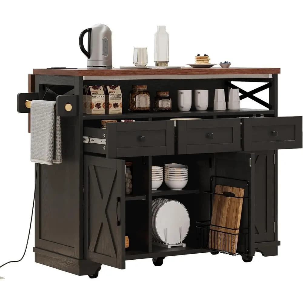 Isola da Cucina Mobile con Bancone Colazione Pieghevole, Carrello Portaoggetti, Cassetti e Portasciugamani, 46.5 Pollici Nero