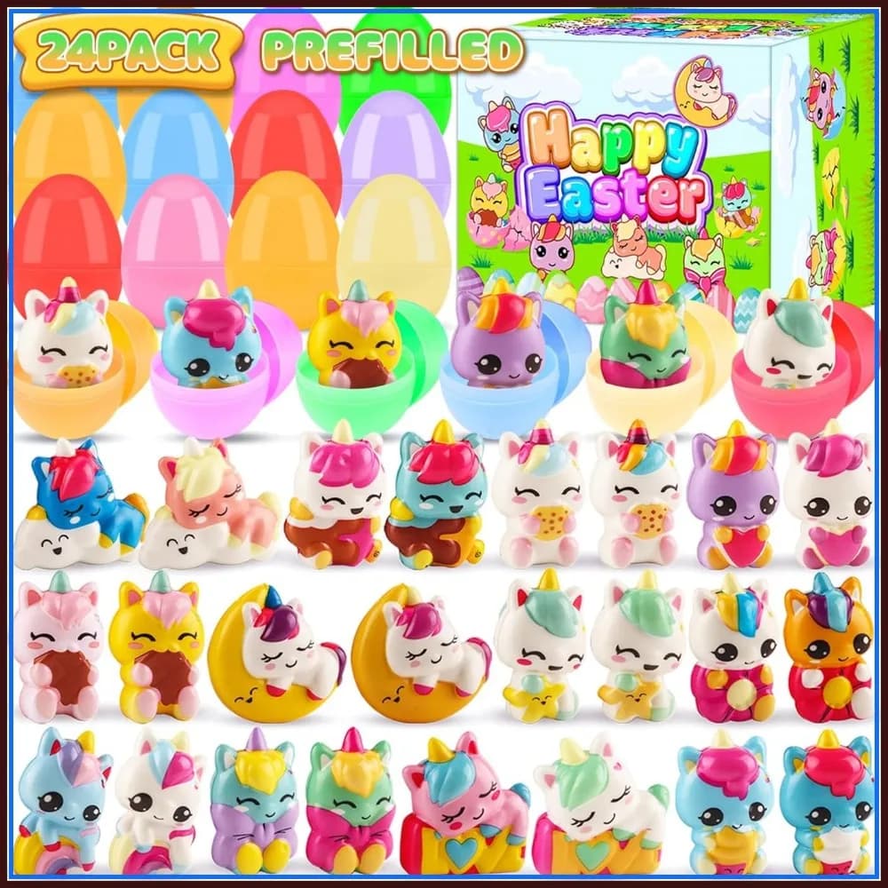 Confezione da 24 uova di Pasqua pre-riempite con giocattoli squishy a forma di unicorno, giocattoli a lenta risalita da 2,75 pollici per la caccia alle uova, decorazioni per cestini pasquali