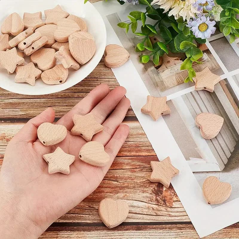 6Pcs Beech Wooden Beads Heart Star Shape Baby Teether Beads for DIY Necklace Pacifier Chain Crafts Jewelry Making