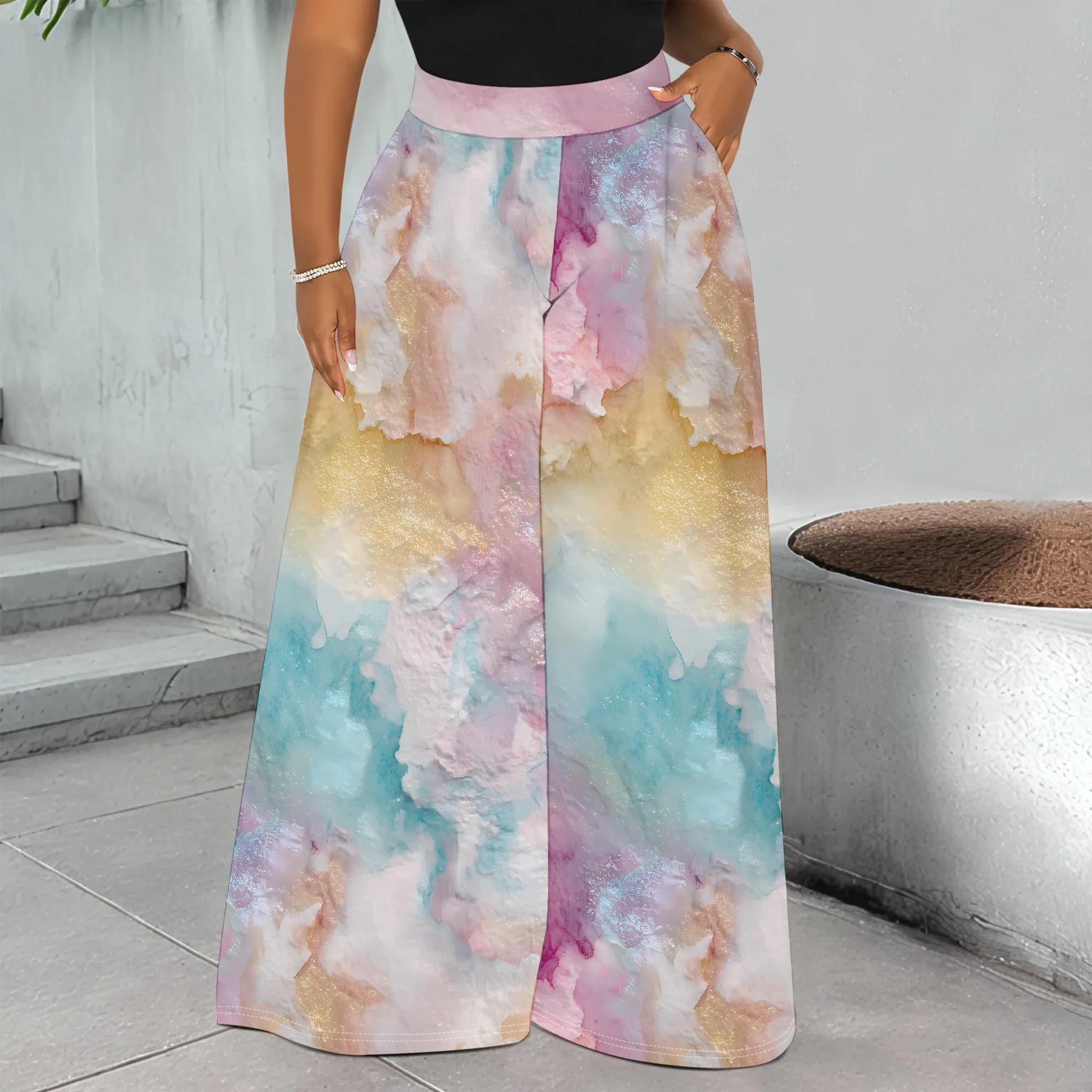 Watercolor Print Wide Leg Pants Pastel Abstract Art Trousers High Waist Pocket Palazzo Pants for Women Summer Casual Wear
