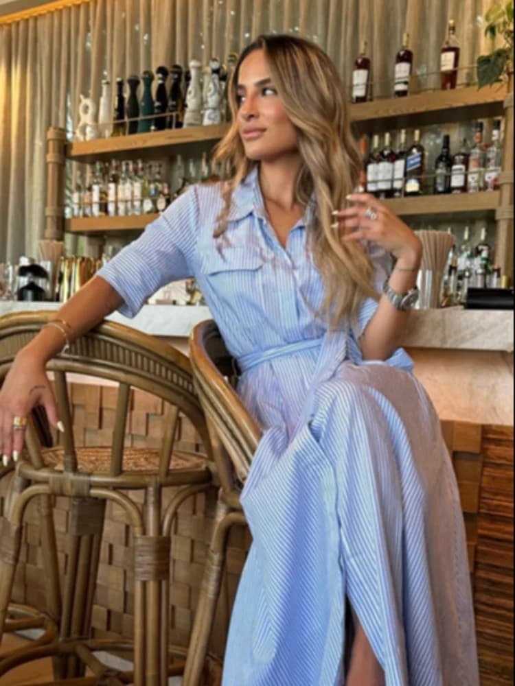 Stripe Elegant Women's Long Dress Lace Up Turn-Down Collar Single-breasted Blue A-line Dresses 2026 Summer Lady Holiday Robes