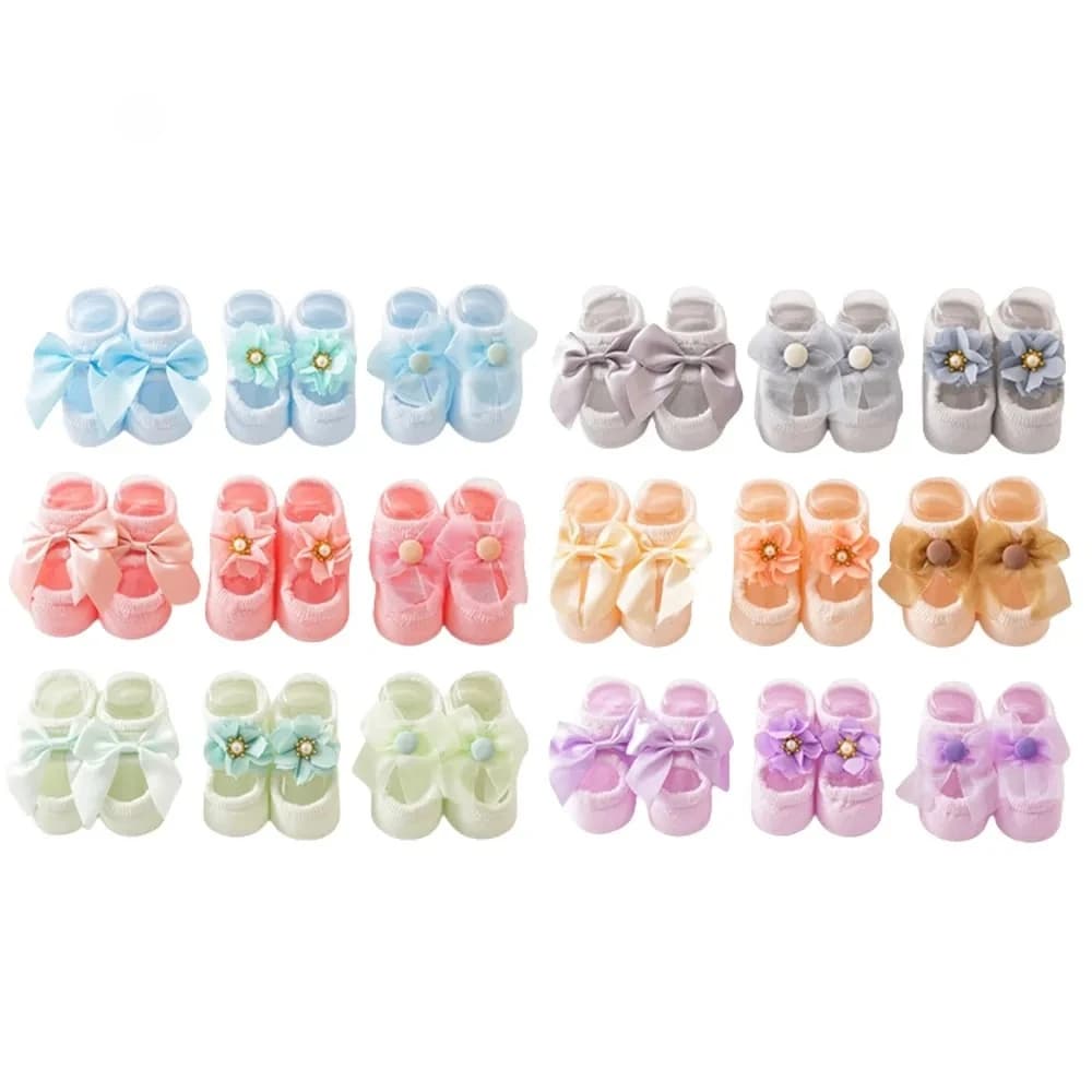 3 Paia di Calzini Antiscivolo per Bambini, Calzini Antiscivolo per Neonati, Calzini Carini per Bambine, Calzini Primaverili per Neonati con Fiore e Fiocco in Pizzo