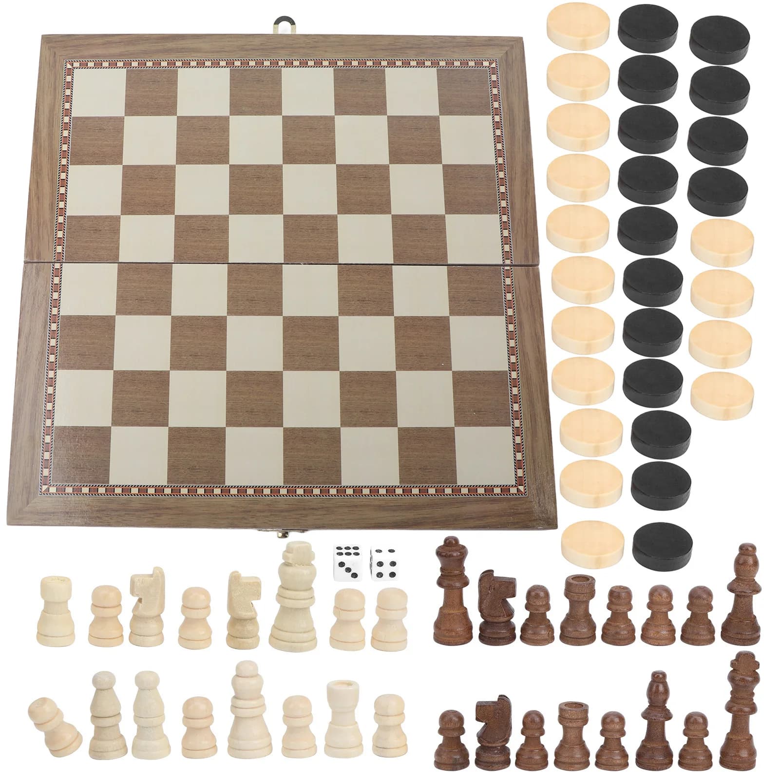 Set di Scacchi in Legno Pieghevole 3 in 1 - Gioco da Tavolo Multifunzionale Portatile con Scacchi e Dama per il Tempo Libero in Famiglia