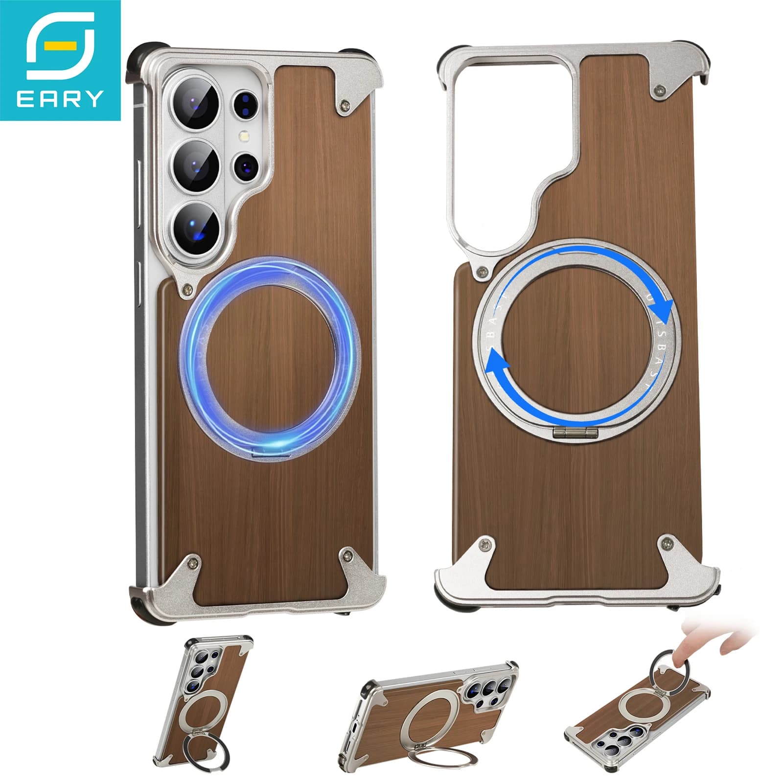 Eary wooden case for Samsung Galaxy S26 Ultra with 360° protection ° Cover for Phone without Frame with Rotating Magnetic Ring and Support, Anti-shocket protection