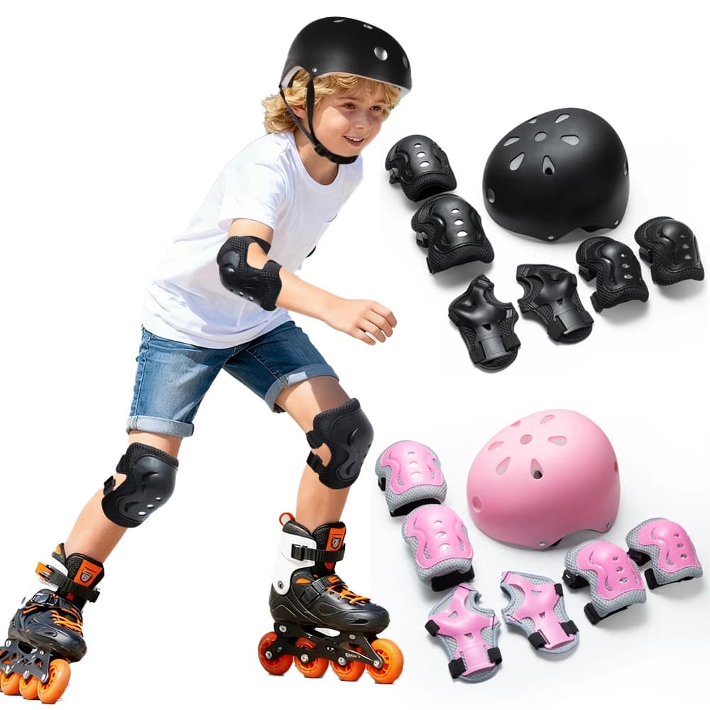 Set 7 Pieces Bicycle Helmet and Children's Knee Pads, Protections for Girls and Boys 3-10 Years, for Sport, Cycling, Skating Wheels and Scooter