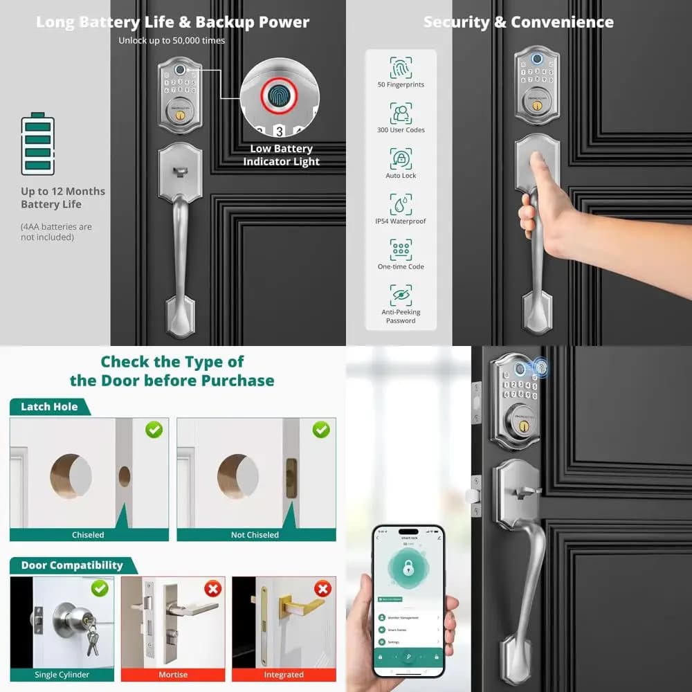 Set Serratura Intelligente Senza Chiave con Maniglia, Tastiera Touchscreen, Blocco Impronta Digitale, Controllo Bluetooth, Auto-Lock e Apertura One-Touch