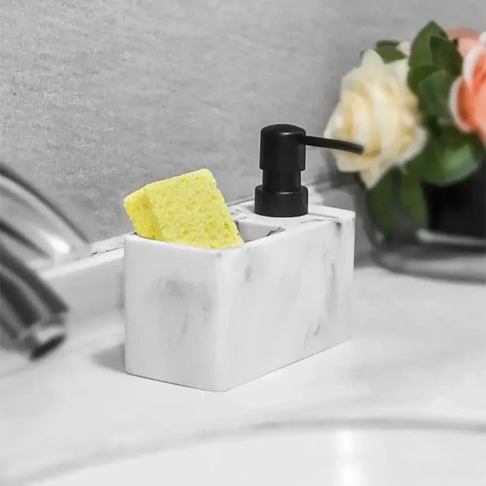 Dispenser di sapone e porta spugna 2 in 1 con texture marmorizzata, organizer di lusso leggero dal design elegante, per il bagno