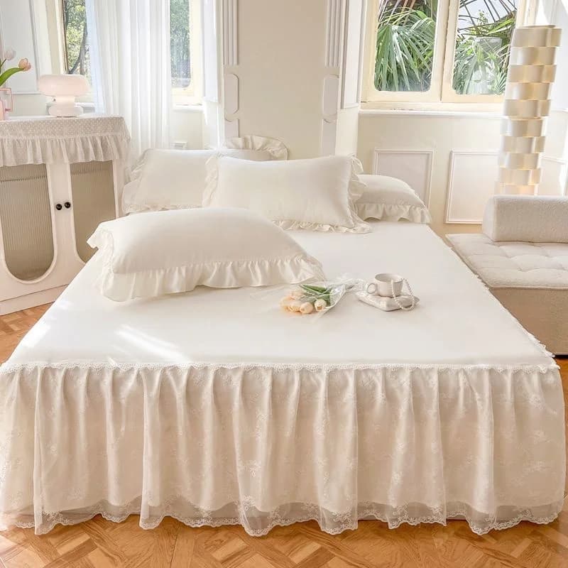 Lace Bed Skirt and Pillowcase, Bed Cover, Bedspread, Sheet, Anti Slip, Protective, Beige, Princess, 3Pcs