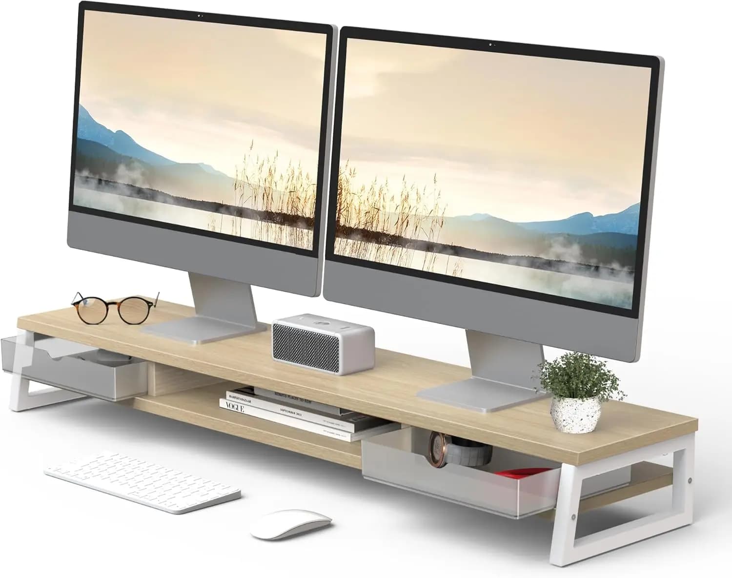 Support for Double Monitor, Lift for Monitor with Drawer, 42.5 Inch Monitor Support for 2 Screens, 2 Level Wood Desk Rack