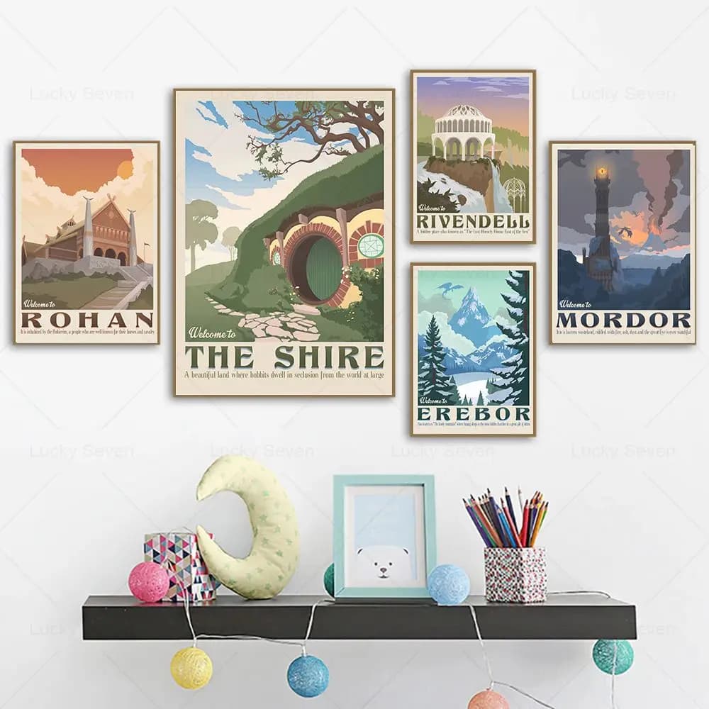 Retro Viaggio Astratta Tela Pittura Anello Art Poster Film vintage Mordor Castello Signore Immagine magica Camera da letto per bambini Decorazione della parete di casa