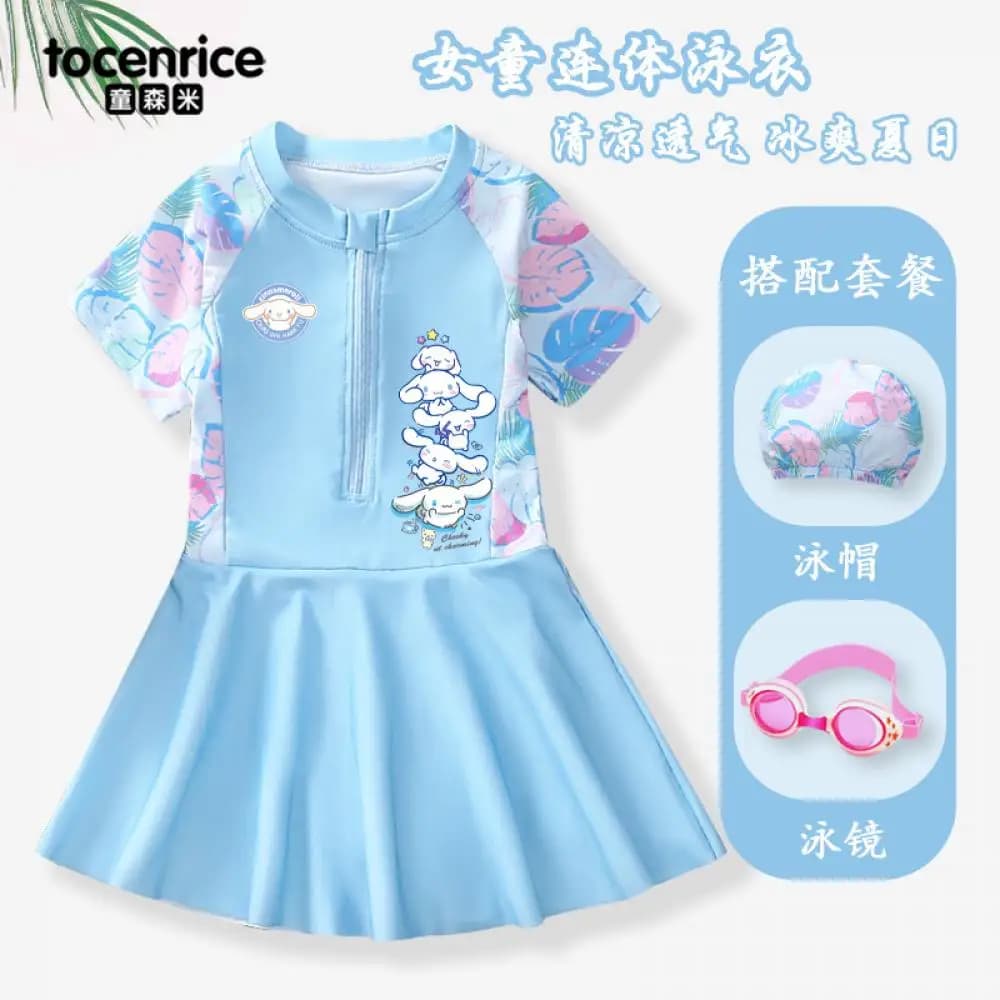 Cinnamoroll Costume da bagno per bambini Sanrios Ragazze Cartoon Gonna a maniche corte in un unico pezzo Costumi da bagno ad asciugatura rapida Dolce protezione solare Abbigliamento da spiaggia