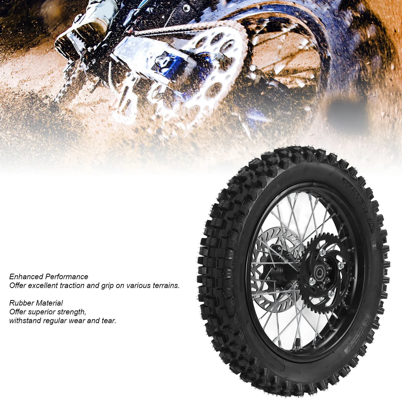 Rear Wheel Rim Tire Replacement 14in Easy Installation Dirt Bike Rear Wheel Rim Tire Assembly for 110cc 125cc 150cc Dirt Bike