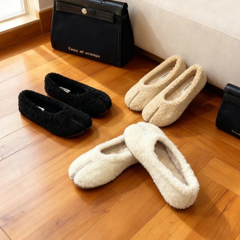 Scarpe singole coreane in peluche con punta divisa da donna con bocca superficiale Nuove zamponi di maiale slip-on Mocassini piatti versatili della nonna