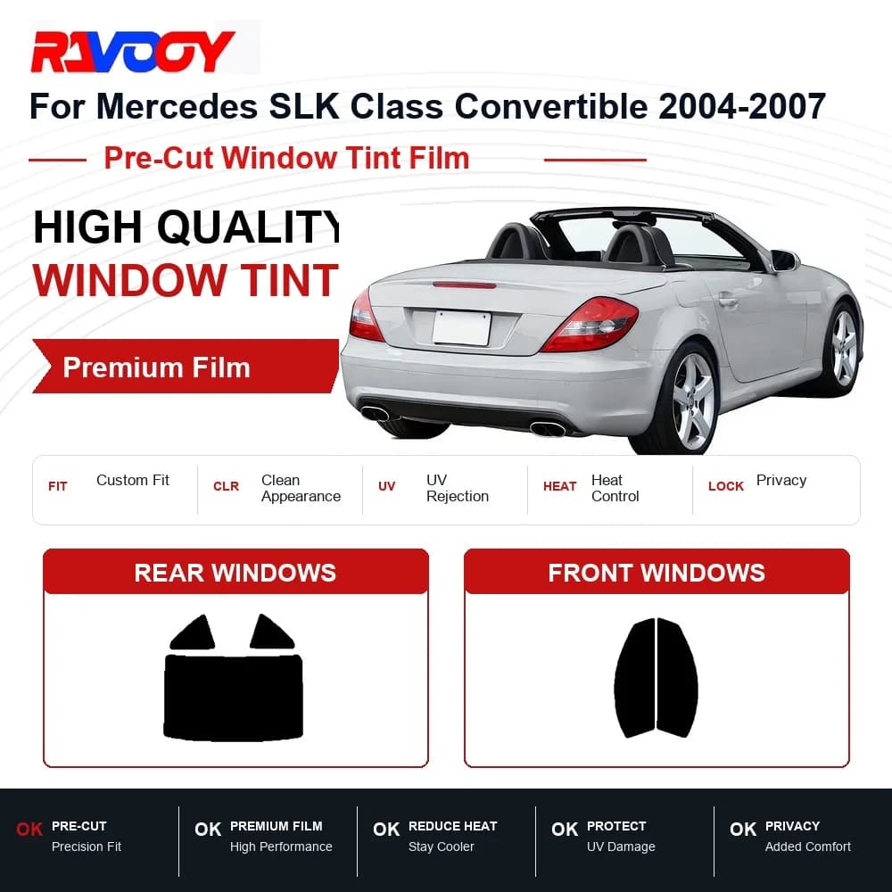 RAVOOY Precut Window Tint, Reusable Removable EPU Film, Custom Fit for Mercedes SLK 280 2005-2008, UV Heat Protection
