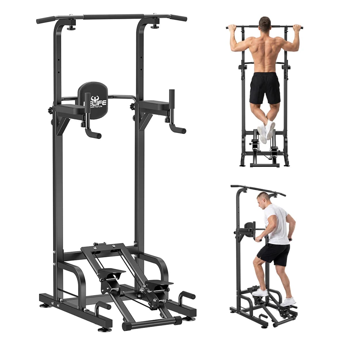 RELIFE Multifunctional Power Tower Pull Up Dip Station Free Standing Pull Up Bar with Stepper Machine, Adjustable Height Workout Rack 450LBS Load Home Gym Full Body Strength Training Fitness Equipment for Pull Ups Chin Ups Dips Leg Raises Push Ups