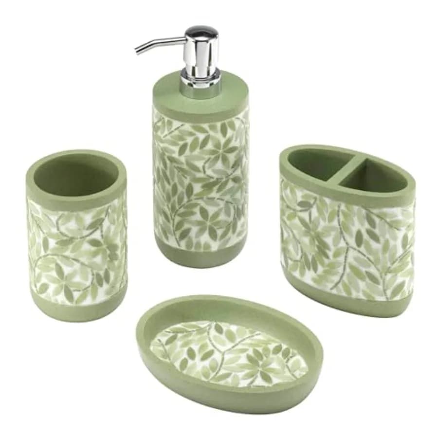 Set da Bagno Avanti Linens Collezione Stratford 4 Pezzi, Accessori da Bagno in Resina Verde: Porta Bicchieri, Porta Spazzolini, Porta Sapone, Dispenser Lozione