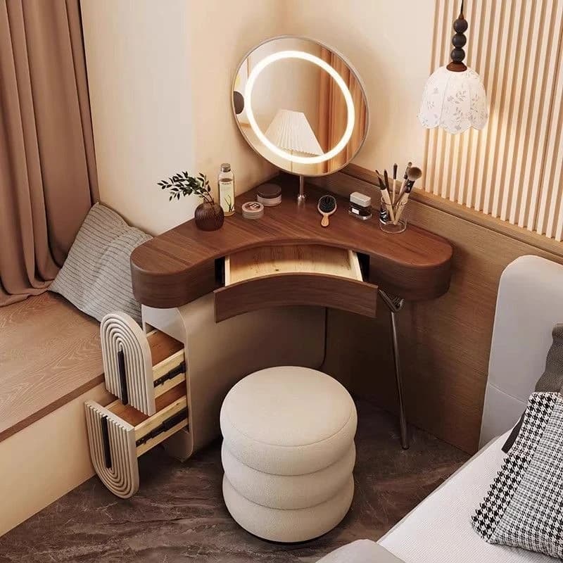 # Set Moderno di Toeletta Angolare con Specchio, Finitura Noce, per Camera da Letto, Hotel e Bagno, Ampio Spazio di Archiviazione