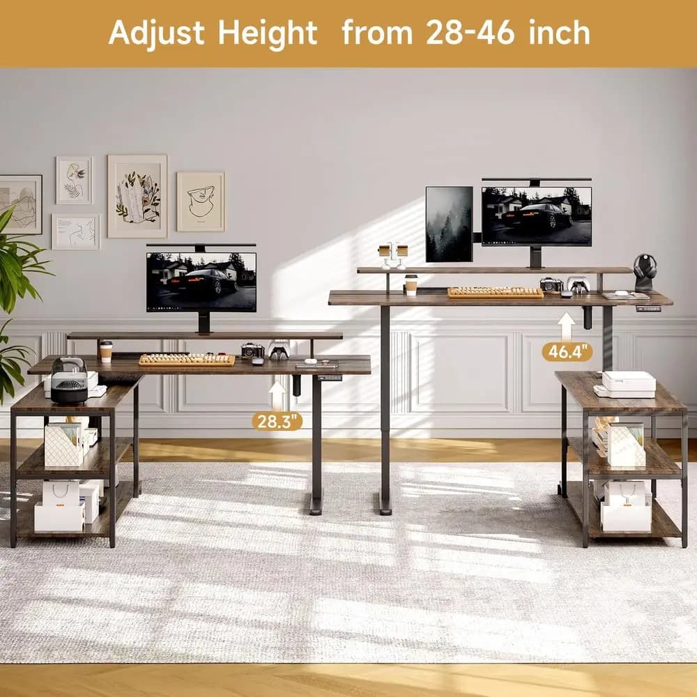 Scrivania a L con Armadietto Portadocumenti, Scrivania Elettrica Regolabile in Altezza 63x24 con Monitor e Ripiano Portaoggetti, Altezza Regolabile 2846