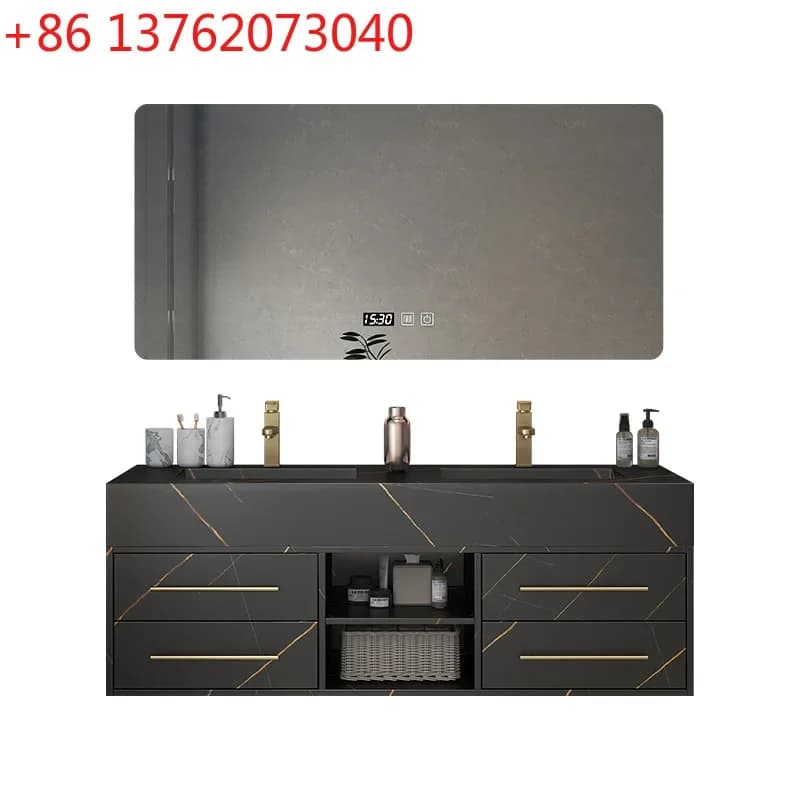 Mobile bagno in lastra di roccia di lusso leggero, con specchio smart a parete e lavabo integrato
