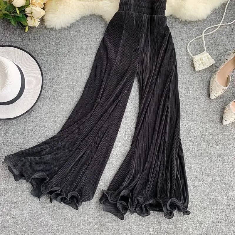 Nuovi Pantaloni Estivi da Donna a Gamba Larga con Bordo Arricciato, Pantaloni a Sirena Svasati, Pantaloni Plissettati con Elastico in Vita, Pantaloni Traspiranti