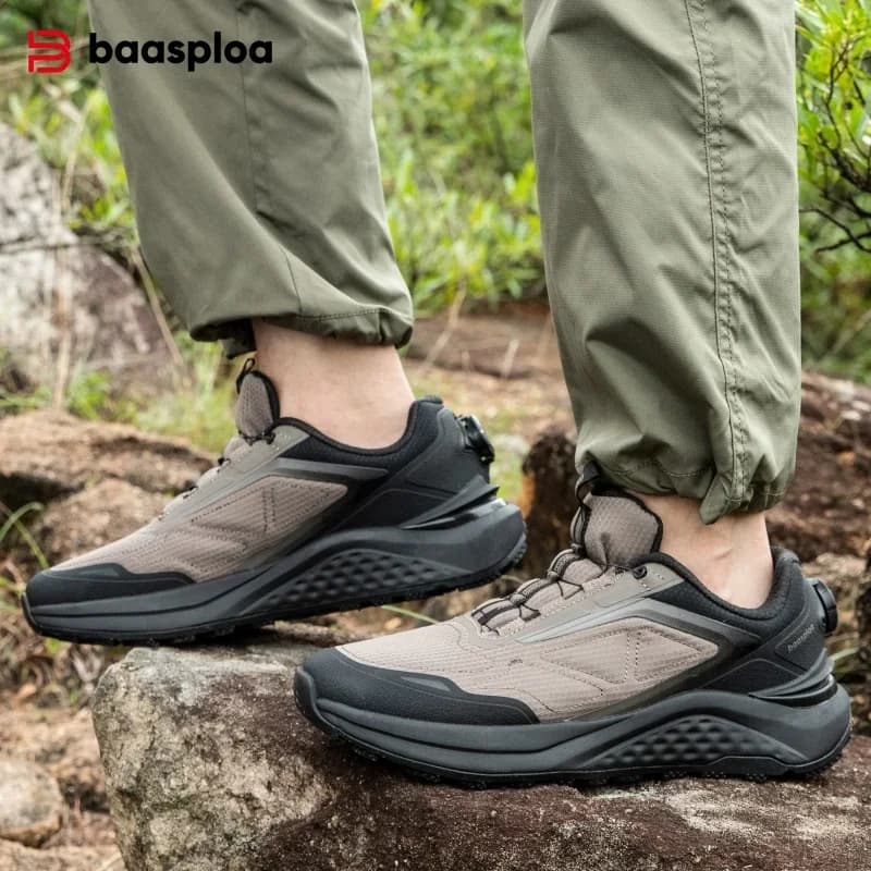 Baasploa Men's trekking shoes with rotating button, outdoor sneakers, comfortable and soft, casual trekking sneakers, non-slip rubber and wear resistant