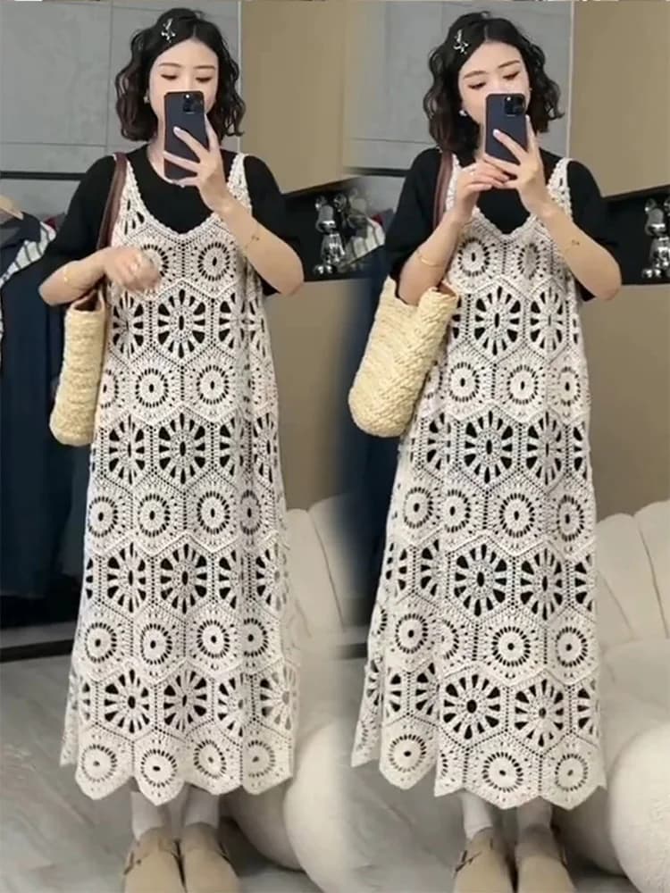 Elegant Lace Hollow out Sleeveless Women's Dress Summer 2026 Long T-shirt Two Piece Set Casual Style A-Line Skirt