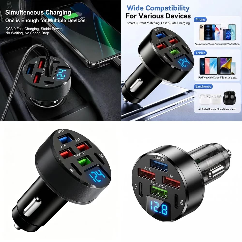 100W 6 Port Car Charger LED Digital Voltage Display 4USB 2PD QC3.0 Fast Charging USB Adapter for iPhone Samsung Huawei Xiaomi
