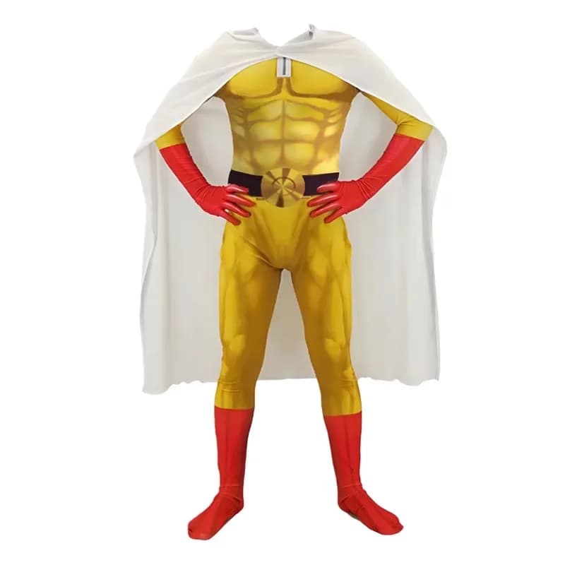 Set Completo Cosplay Saitama One Punch Man, Tuta Intera con Mantello, Costume da Supereroe per Halloween