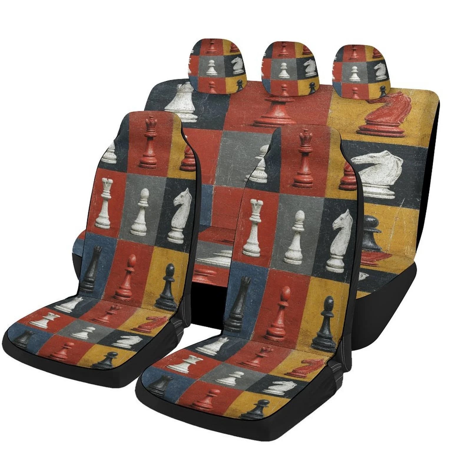 Set Of Car Seat Covers Featuring A Chess Pieces Grid Design, Suitable For Various Vehicles. Stylish And Unique, This Full Set In