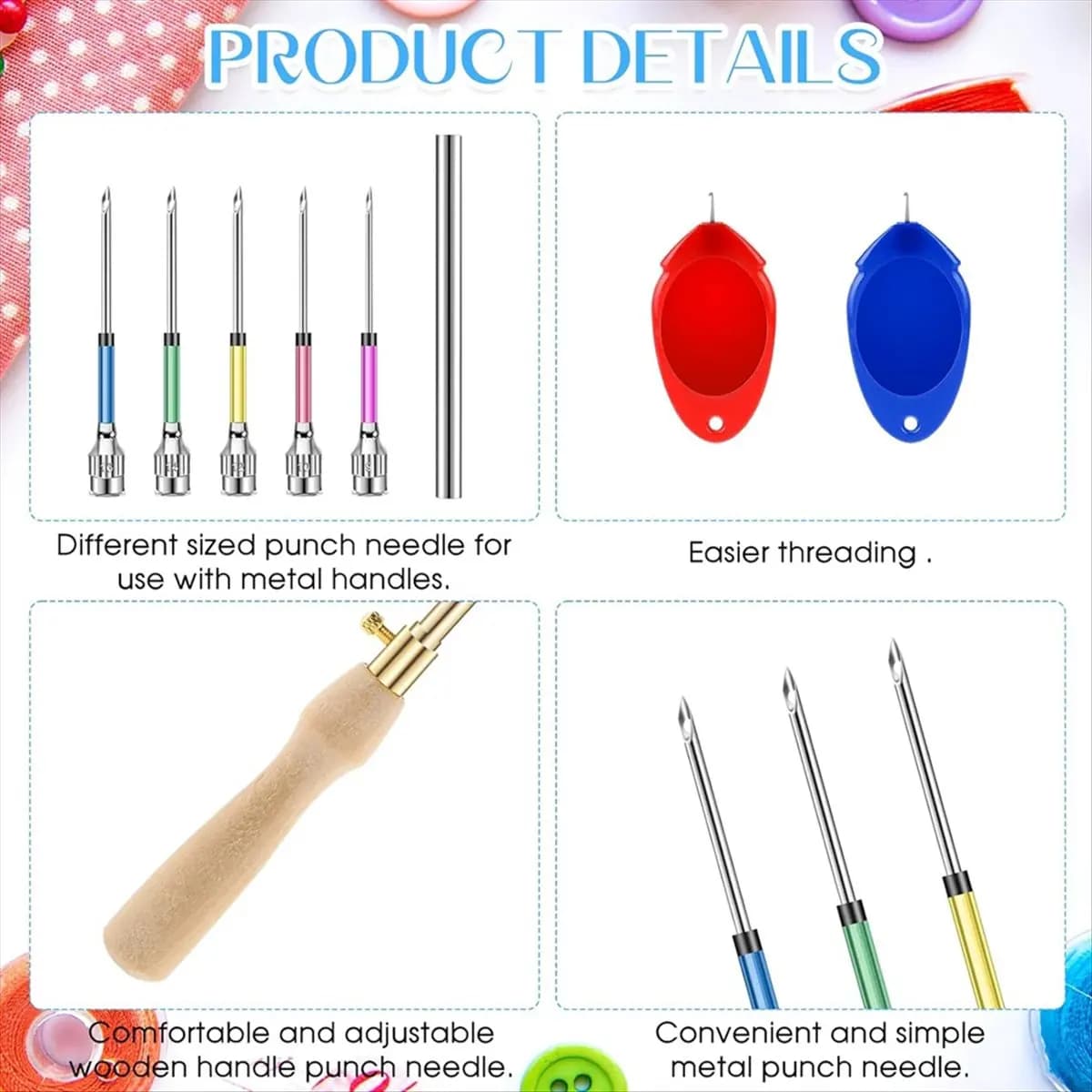 AT16 10 Pcs Punch Needle Kit Adjustable Punch Needle Tool 7 Size Punch Needle with Wooden Handles for Adults Beginner
