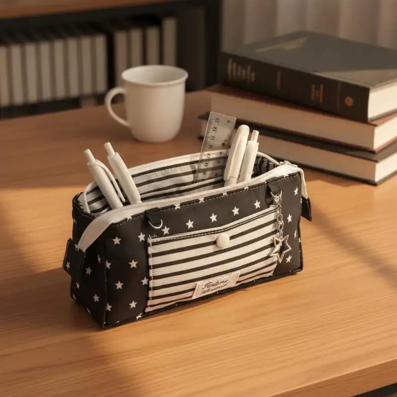 Star Striped Print Korean Pencil Case Large Multi-Layer Capacity Stationery Bag for College Students Office Desktop Storage