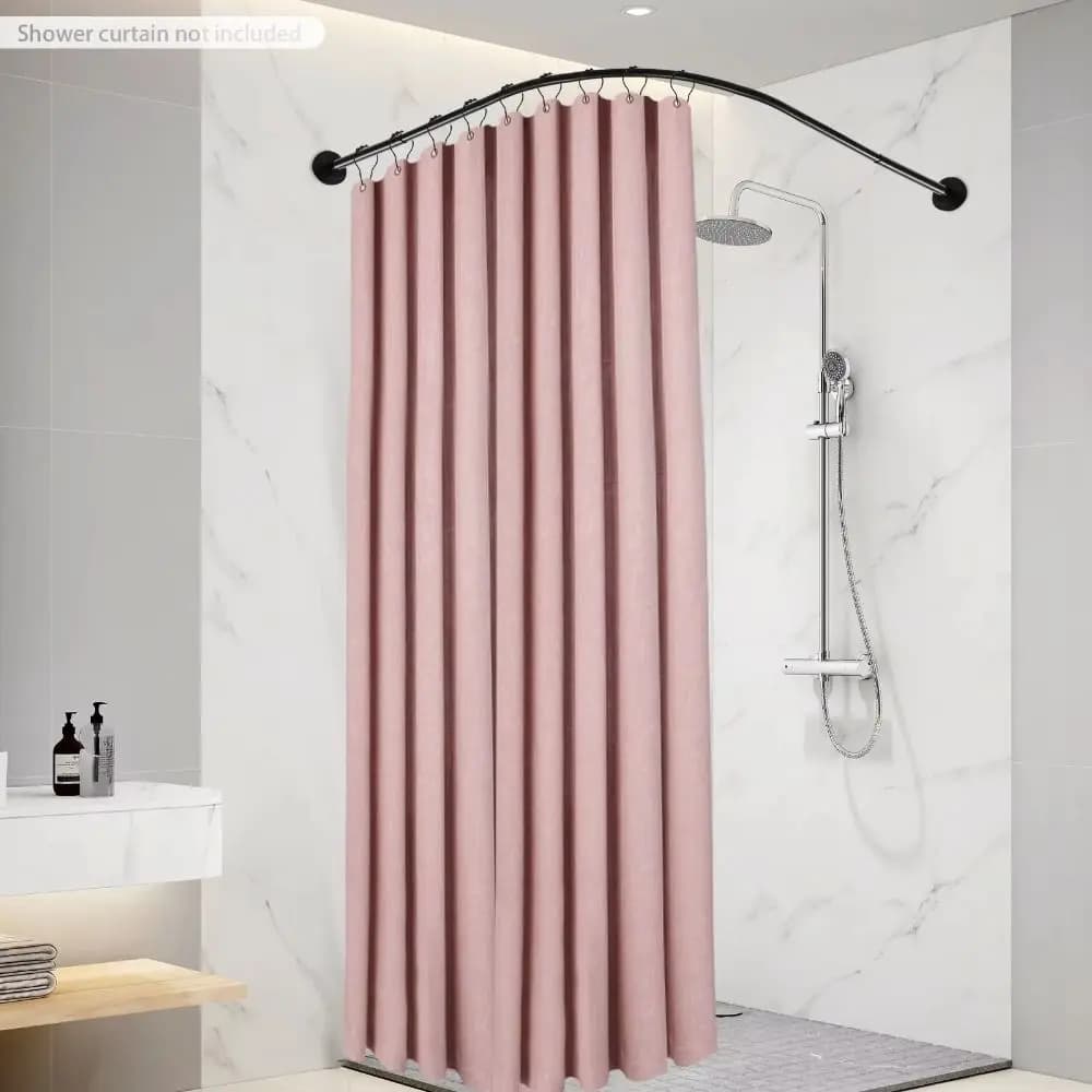 L Shaped Shower Curtain Rail No Drilling Anti-Slip Rubber Pads Corner Shower Rail Metal Surface Adjustable Structure