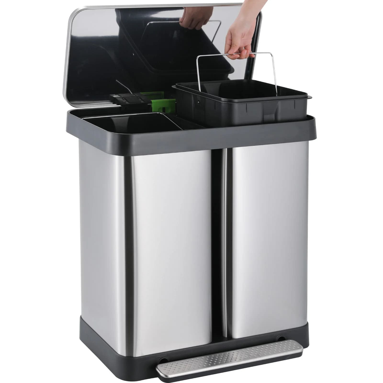 AOOU pattumiera doppia da 16 galloni, bidone della spazzatura da cucina in acciaio inossidabile da 60 litri (2 x30l), bidone della spazzatura classificato Step-on