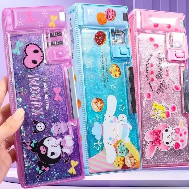 Astuccio liquido Sanrio Glitter Kuromi My Melody Cinnamoroll Opzioni Scatola portapenne multifunzionale per studenti della scuola primaria