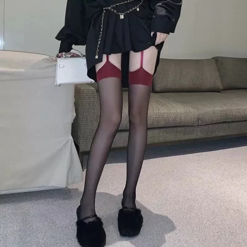 Calze lunghe da donna con bretelle, in seta nera con bordo rosso, alla moda, sottili, a blocchi di colore, sopra il ginocchio, stile JK