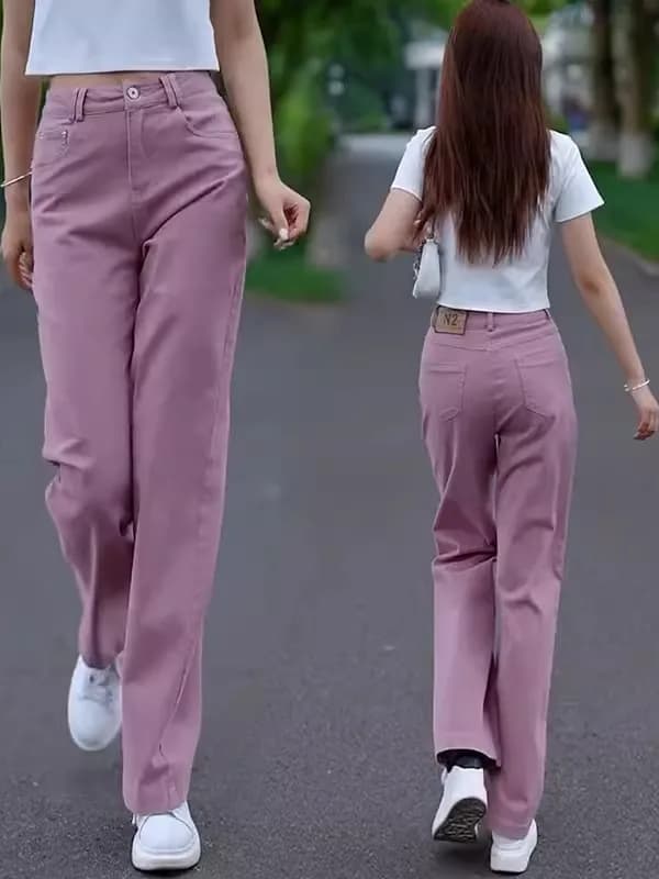 Jeans Rosa a Gamba Dritta da Donna, Casual, a Vita Alta, Gamba Larga, Pantaloni Lunghi, Nuovi Arrivi Primavera Autunno, Effetto Snellente, in Cotone