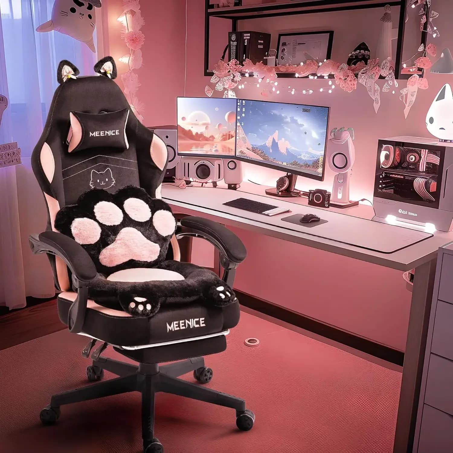 Sedia da Gaming Rosa con Orecchie da Gatto, Poggiapiedi e Supporto Lombare, Sedia Ergonomica Reclinabile per Computer, per Ragazze e Adulti