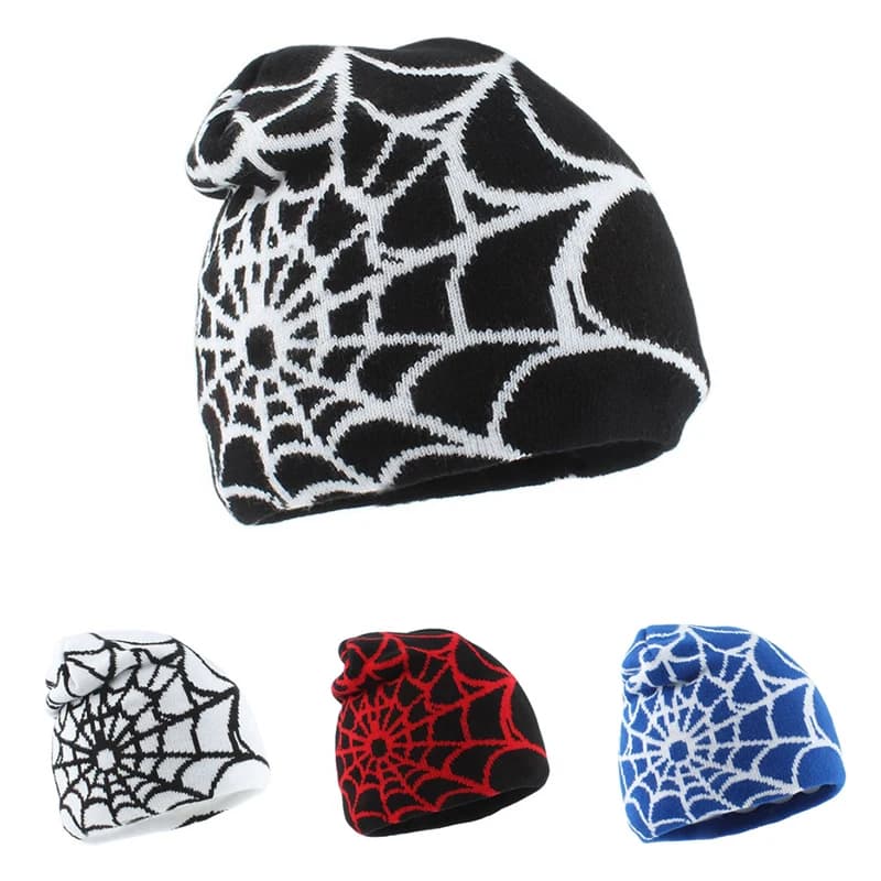 All Season Men Women Spider Web Pattern Beanie Cap Gothic Knit Cuffless Slouchy Skull Hat