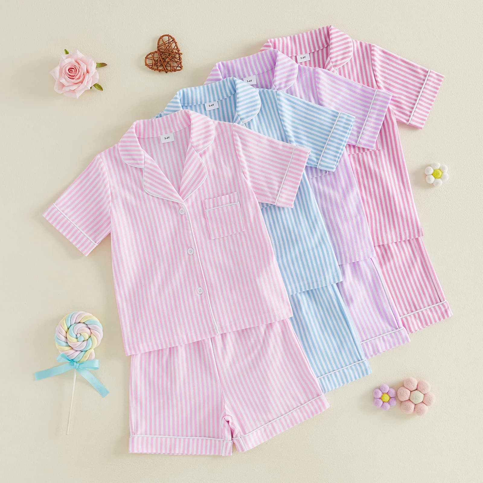Pigiama estivo per bambina, set pigiama in cotone a righe con stampa, colletto a risvolto, maniche corte, bottoni, pantaloncini, abbigliamento per la casa