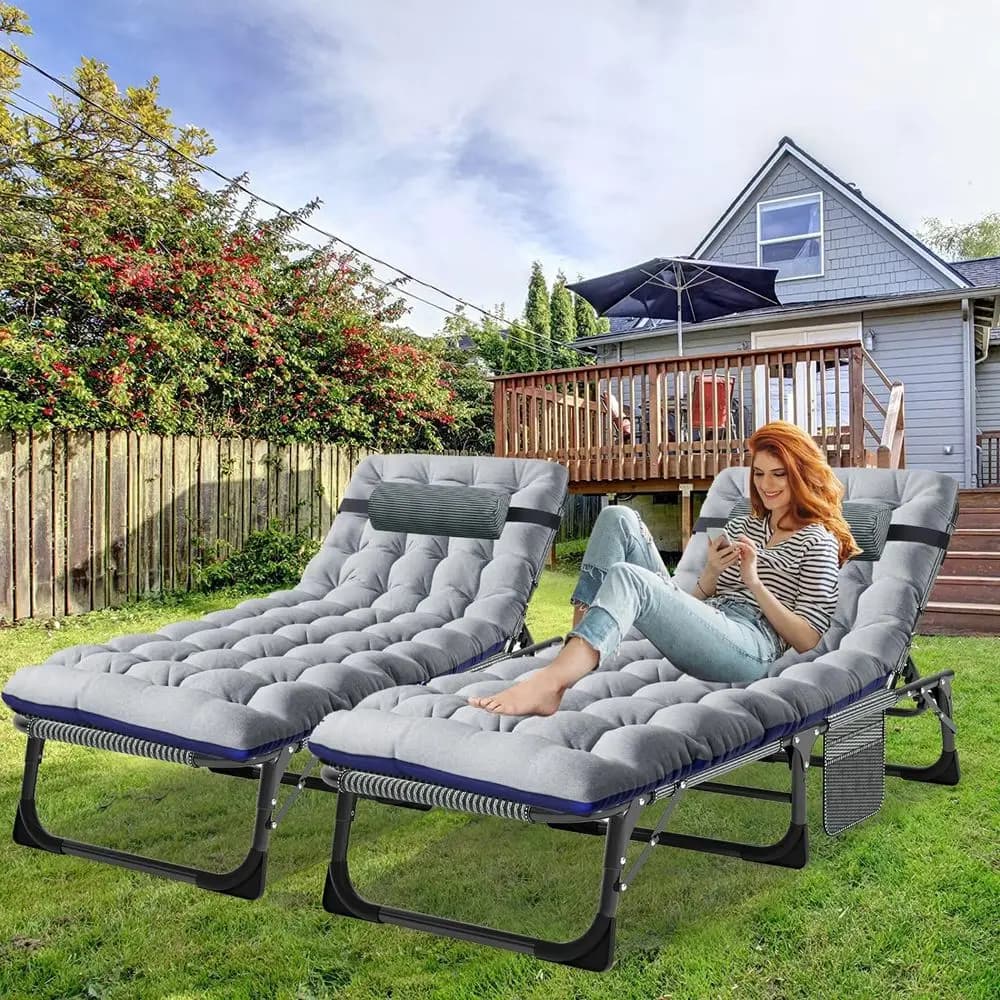 3-in-1 Outdoor Lounge Chair, 440LB Capacity, Plush Cushion, Adjustable Recliner for Patio, Poolside, Camping