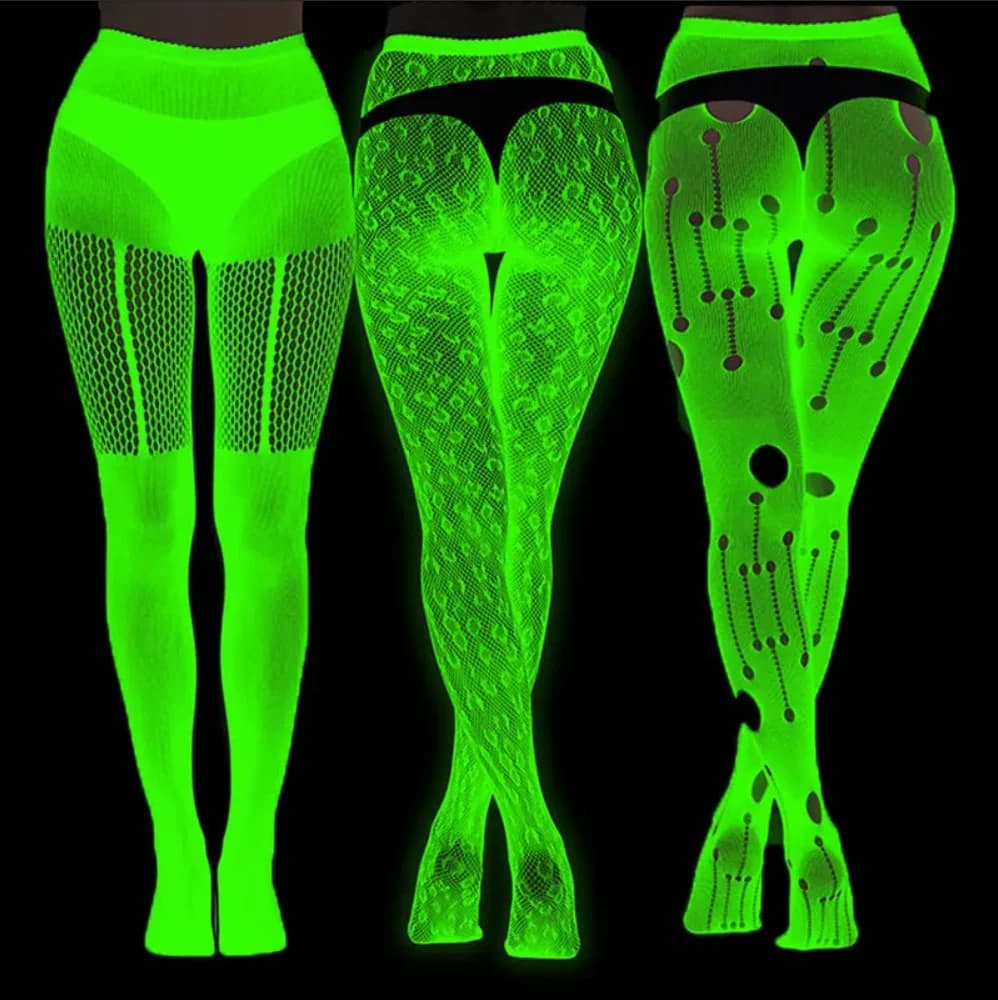 Calze verdi che si illuminano al buio, collant a rete per donna, collant lucidi nottilucenti