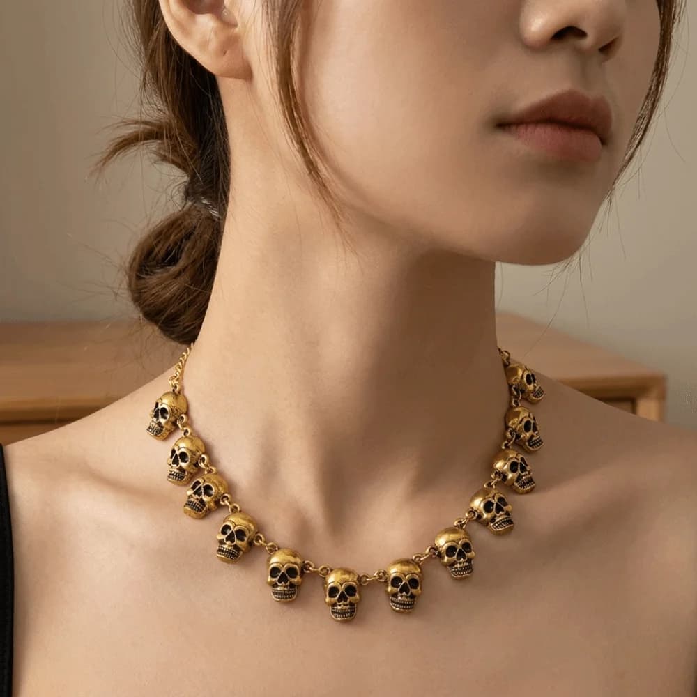 Retro Punk Style Skull Necklace Gothic Hip Hop Clavicle Chain Jewelry Alloy Beaded Bracelet Men