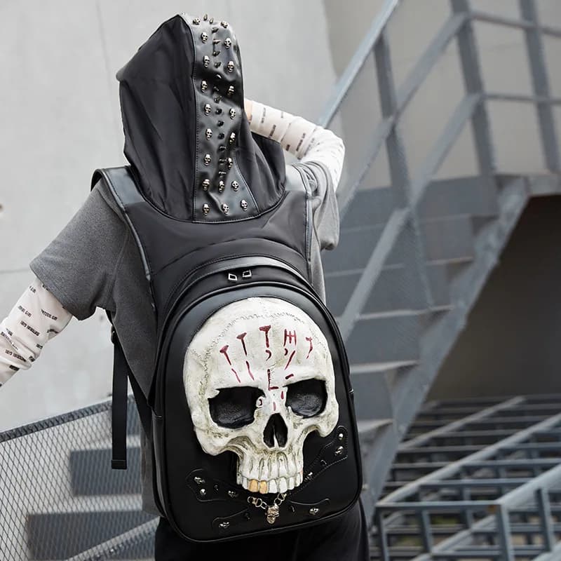 Zaino unisex con teschio in PU con diamanti di Halloween Zaino unisex con teschio 3D per coppie divertenti e terrificanti Zaino con rivetti punk
