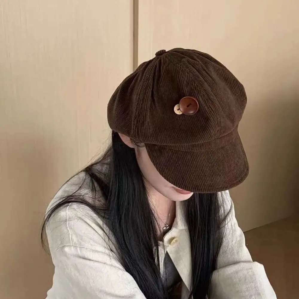 Semplice berretto Y2k con doppio bottone Cappello berretto da baseball in velluto a coste Harajuku JK Mantieni caldo il cappello da pittore giapponese invernale