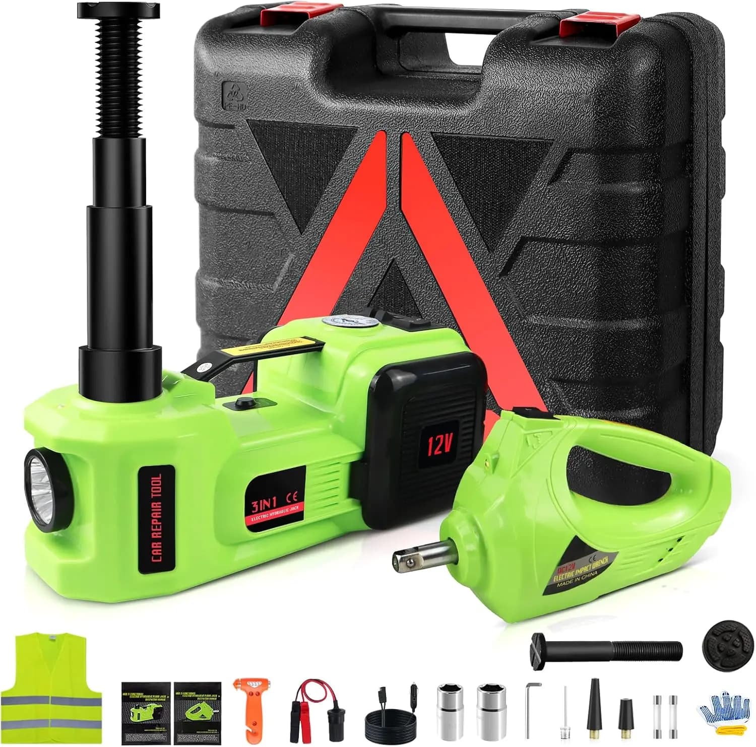 Kit Cric Elettrico da 5 Tonnellate con Avvitatore a Impulsi e Gonfiatore Pneumatici per SUV, Camion, Berlina - Strumento di Sollevamento Auto 12V