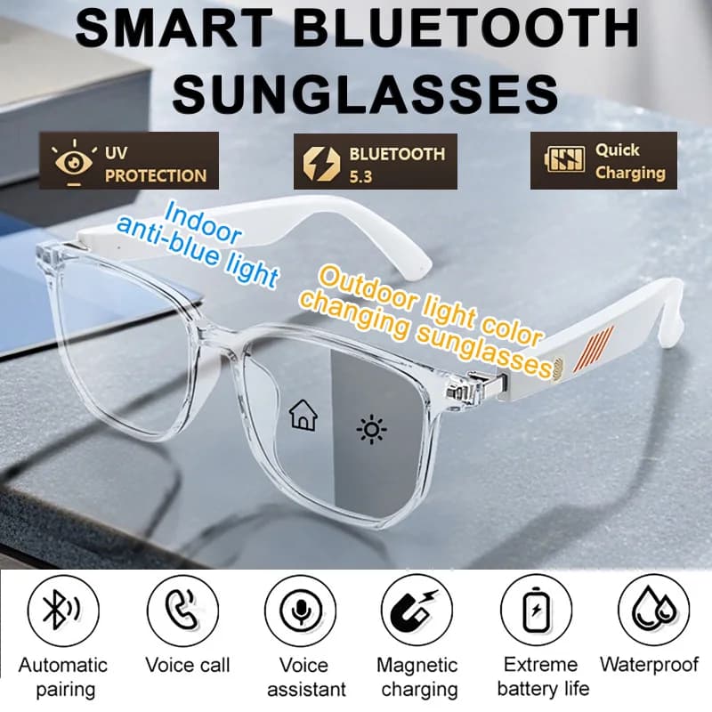 Smart Glasses Anti Blue Light with Photochromatic lenses for Outer, Integrated Audio, Microphone and Speakers, Touch Control and Vocal Assistant, Music