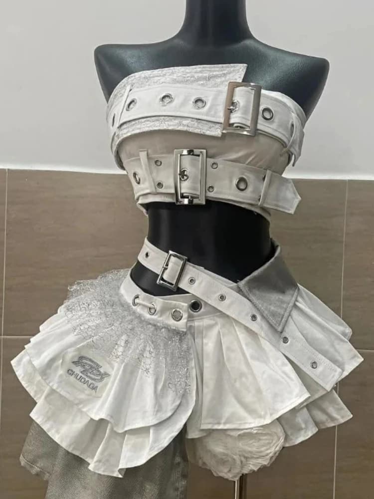 Summer Vintage Elegant Y2K Woman 2 Piece Sets Punk Gothic Strapless Crop Tops +High Waist Ruffle Skirt Female Party Outfits 2025
