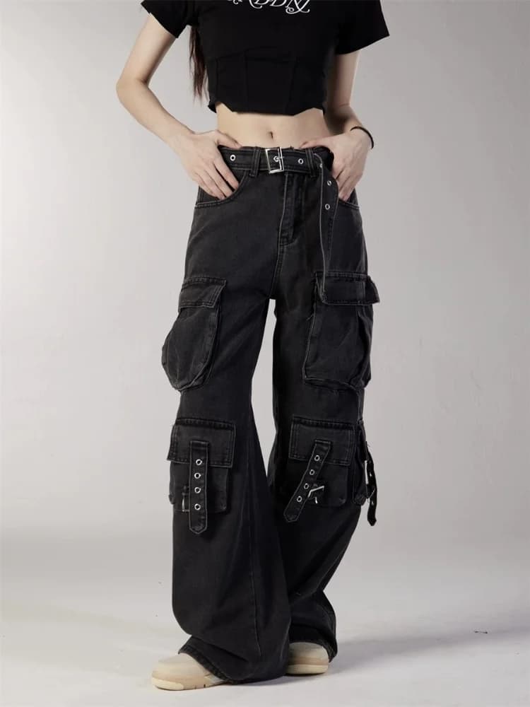 2025 Cyber Y2K Streetwear Lavato Nero Baggy Cargo Jeans Pantaloni Per Le Donne Abbigliamento Multi Tasche Hip Hop Lady Pantaloni Ropa Mujer