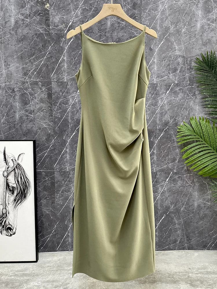 Stunning Long Acetate Vest Dress Women's Summer Inner Wear High Waist A-Line Midi Dress Sleeveless round Neck Gored Skirt