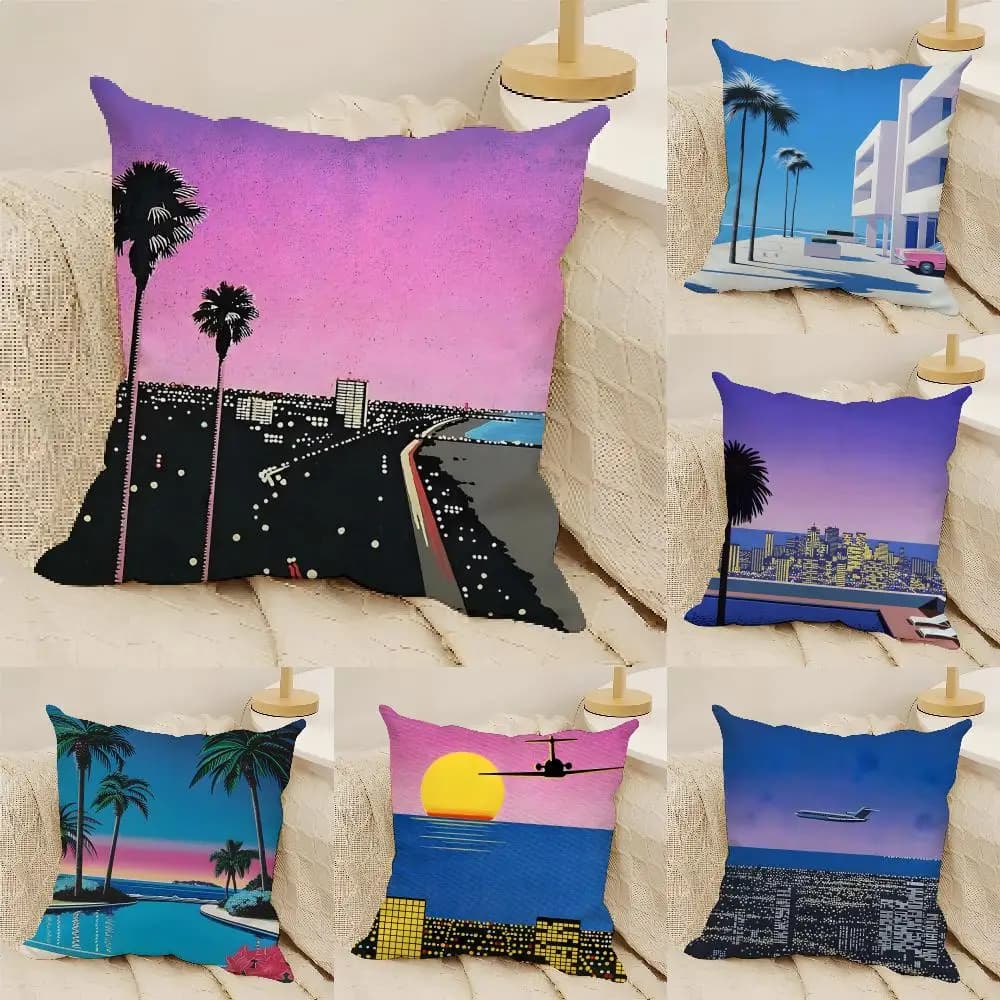 Retro 80s Beach Landscape Cushion Cover Natural Linen Organic Fabric Double-Sided Printing Sofa Home Decor Gift Pillow Cover